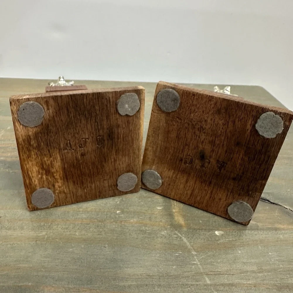 Vintage Mid Century Wood Candle Holders Pair Geometric Carved Taper Candlesticks